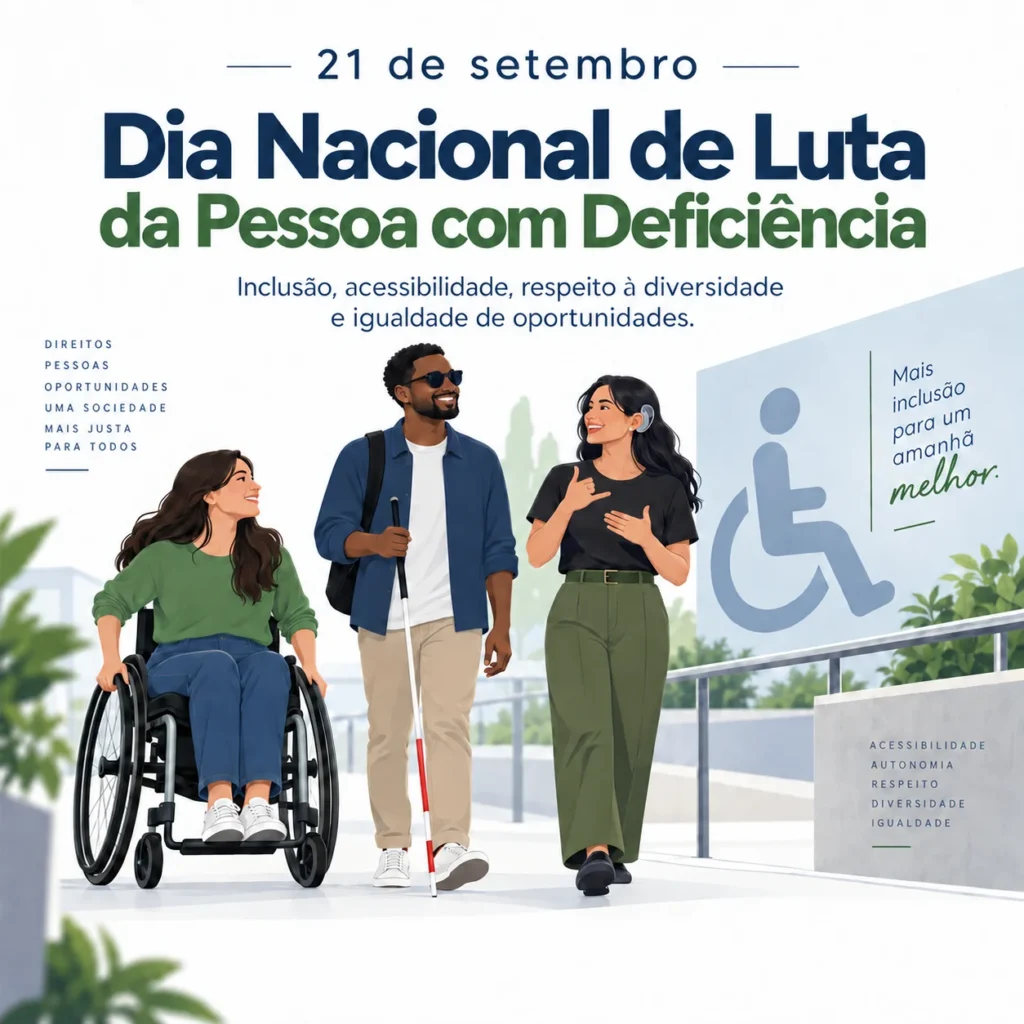 Ilustração sobre o Dia Nacional de Luta da Pessoa com Deficiência, com pessoas com diferentes deficiências em ambiente acessível.